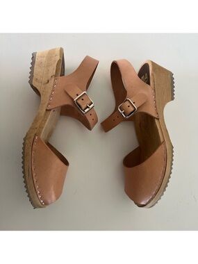 MIA Anja Swedish Leather & Wood Peep Toe Clogs Size 39